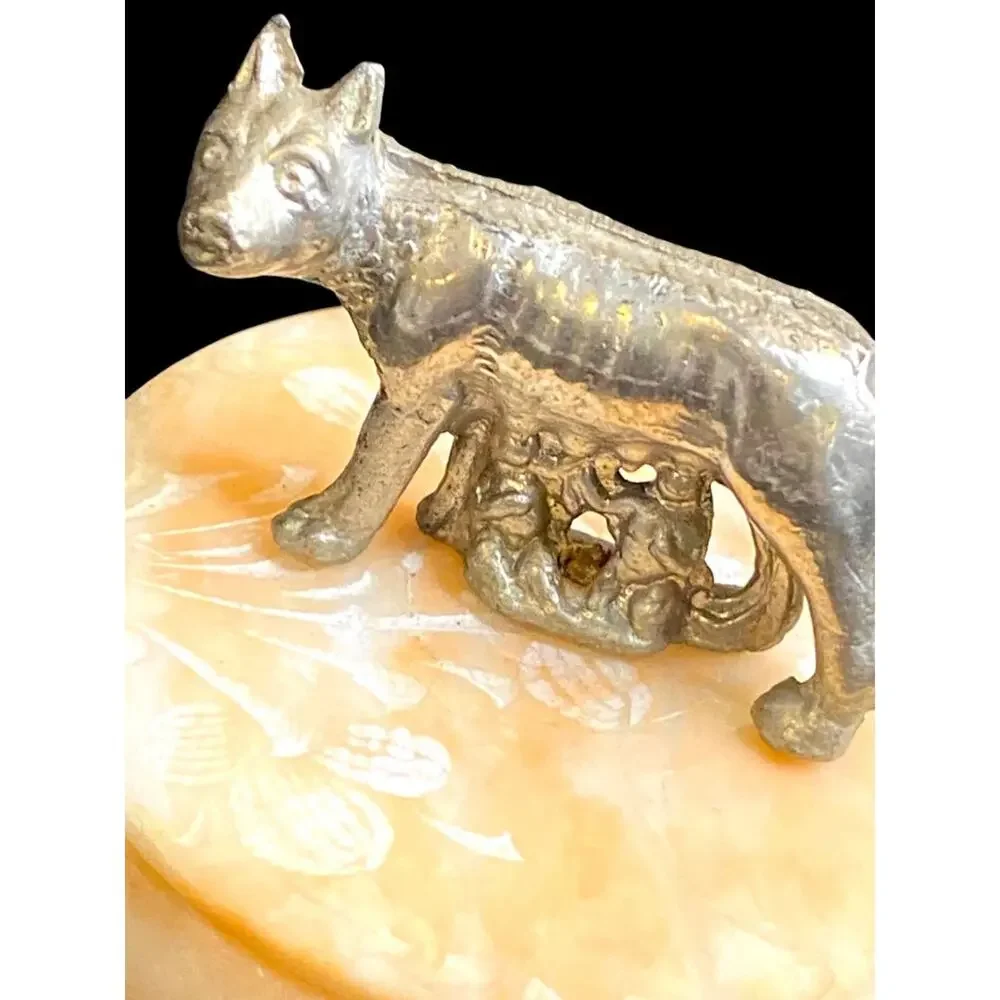 Vintage She Wolf Trinket Box Dish Etched Stone Romulus and Remus